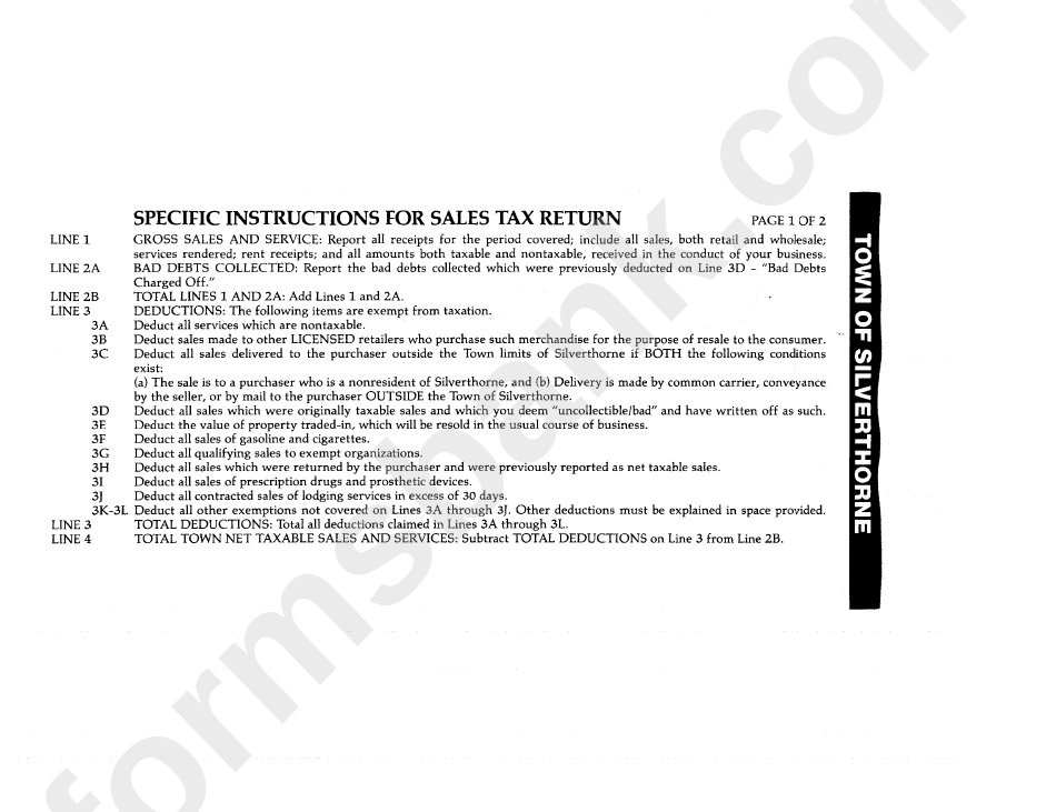 Instructions For Sales Tax Return - City Of Silverthorne, Colorado