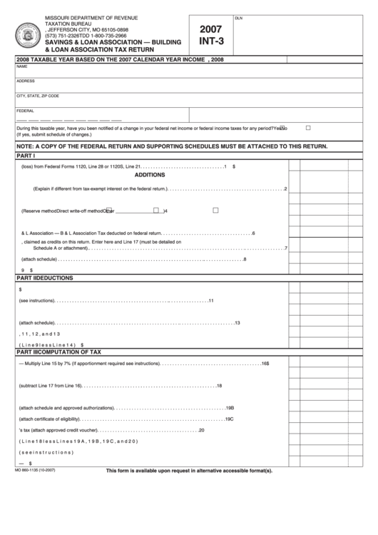 Fillable Form Int-3 - Savings & Loan Association - Building & Loan Association Tax Return - 2007 Printable pdf