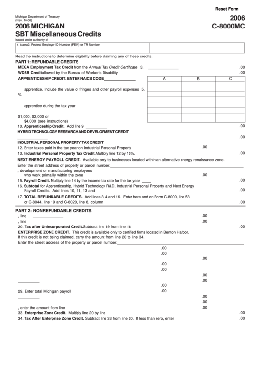 Fillable Form C-8000mc - Sbt Miscellaneous Credits - 2006 Printable pdf