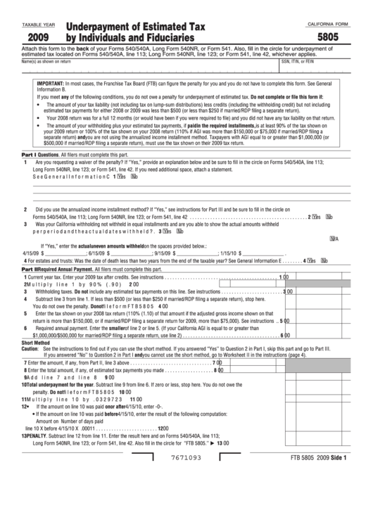 Fillable California Form 5805 - Underpayment Of Estimated Tax By Individuals And Fiduciaries - 2009 Printable pdf