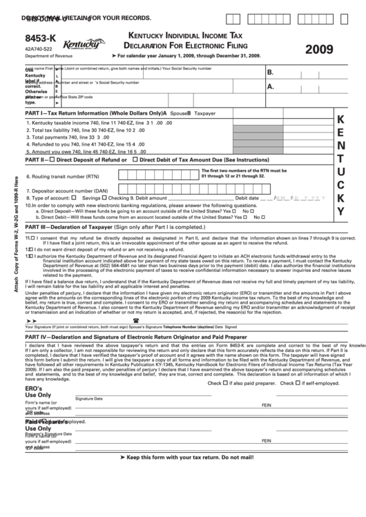 Form 8453-K - Kentucky Individual Income Tax Declaration For Electronic Filing - 2009 Printable pdf