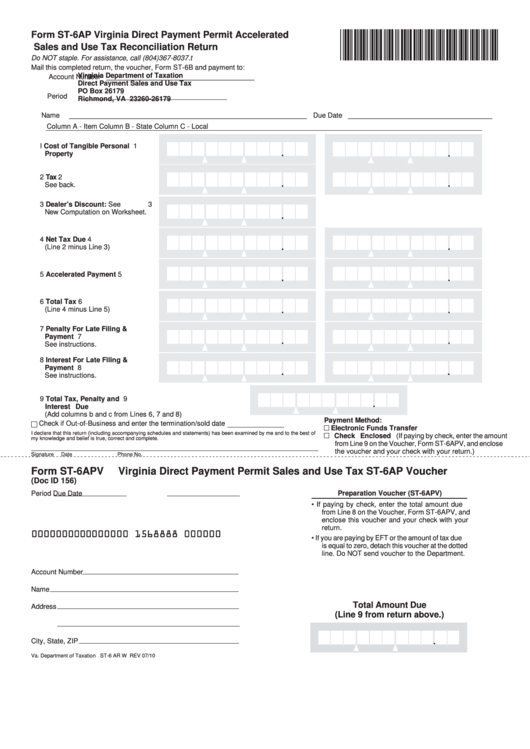 Form St-6ap - Virginia Direct Payment Permit Accelerated Sales And Use Tax Reconciliation Return Printable pdf