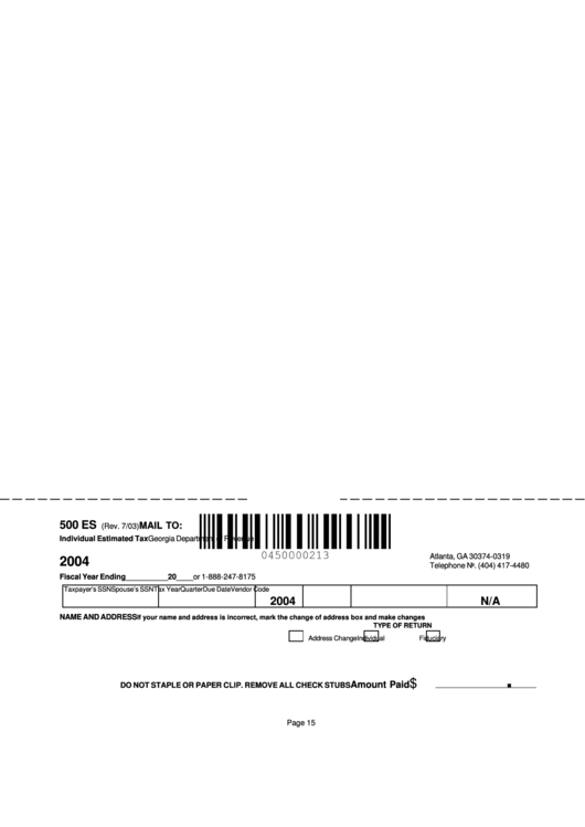 Form 500 Es - Individual Estimated Tax - 2004 Printable pdf