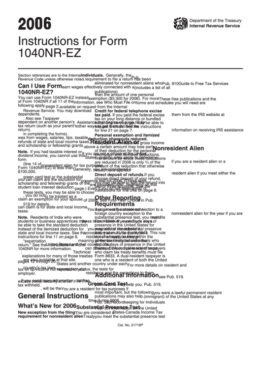 Instructions For Form 1040nr-Ez U.s. Income Tax Return - 2006 Printable pdf