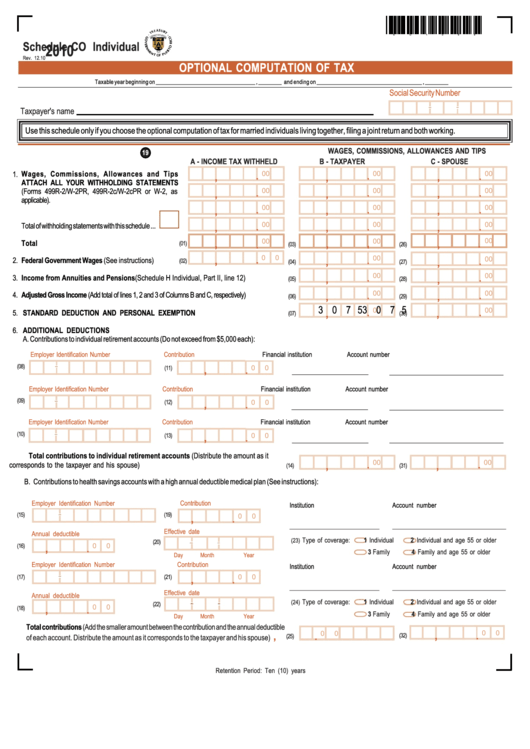 Schedule Co Individual - Optional Computation Of Tax - 2010 Printable pdf