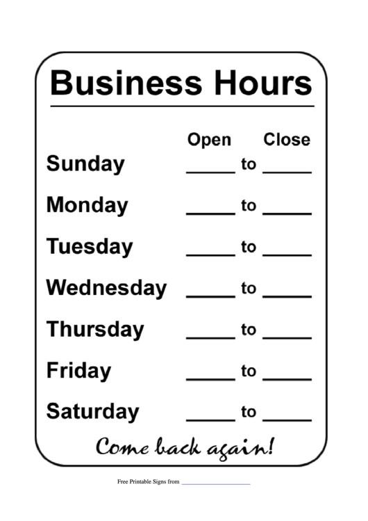 Business Hours Sign Template Printable pdf