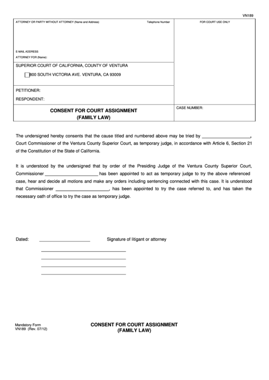 Fillable Mandatory Form Vn189 - Consent For Court Assignment (Family Law) - Superior Court Of California, County Of Ventura Printable pdf