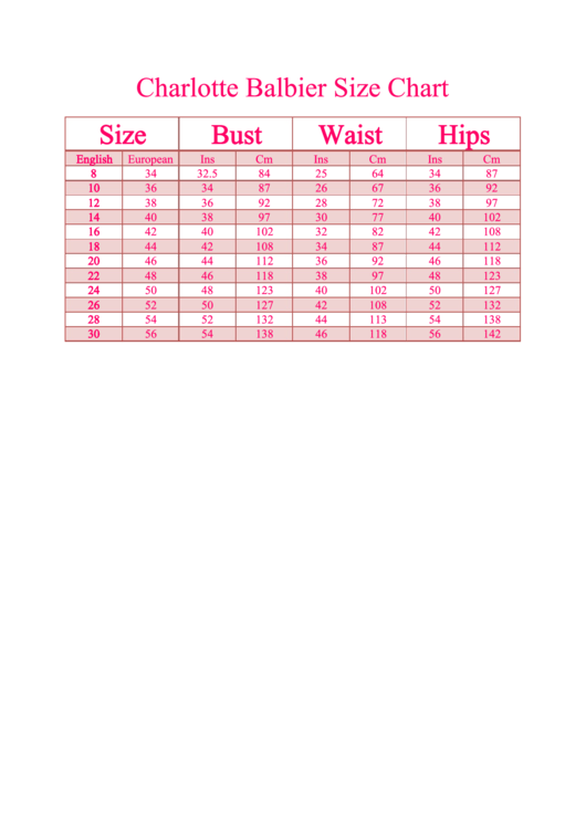 Charlotte Balbier Size Chart