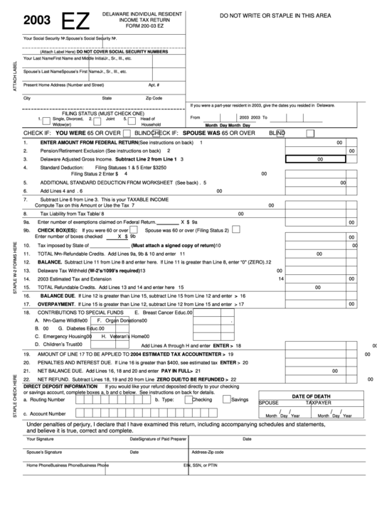 Form 200-03 Ez - Delaware Individual Resident Income Tax Return - 2003 Printable pdf