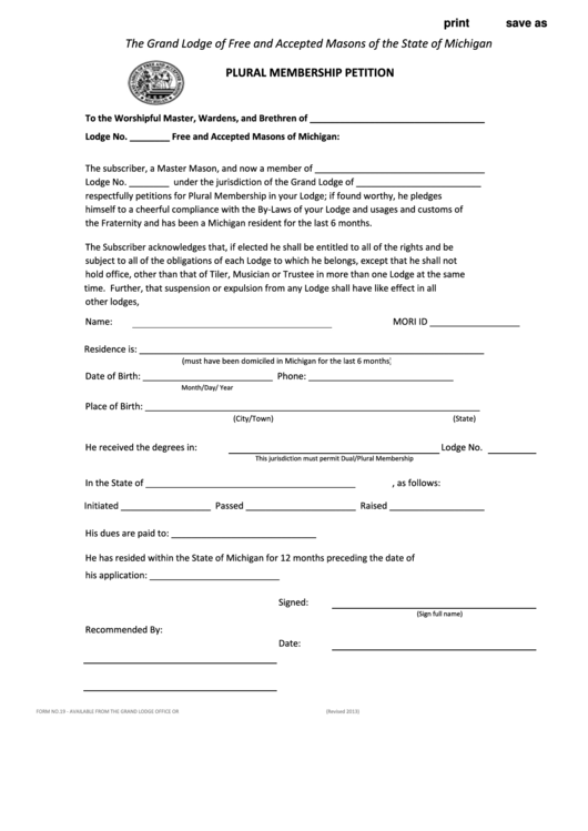 Fillable Form No.19 - Plural Membership Petition Printable pdf