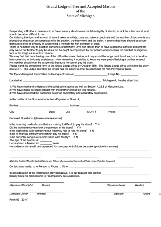 Fillable Form 52 - Grand Lodge Of Free And Accepted Masons Of The State Of Michigan - 2014 Printable pdf