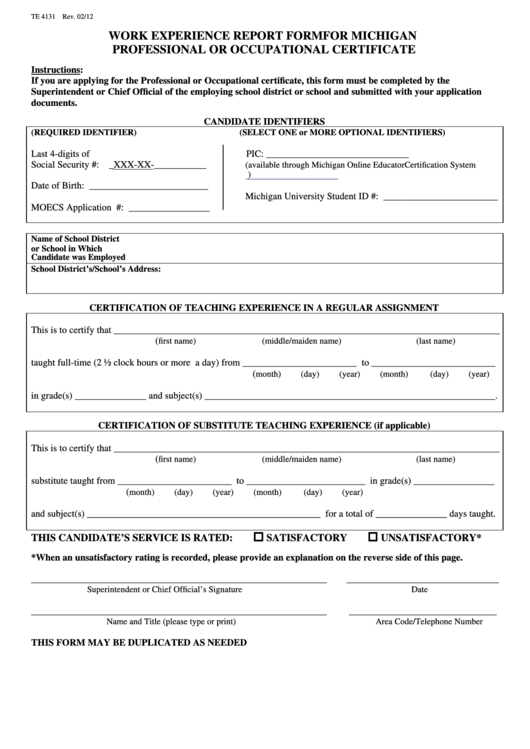 Form Te 4131 - Professional Or Occupational Certificate - Michigan Work Experience Report Printable pdf