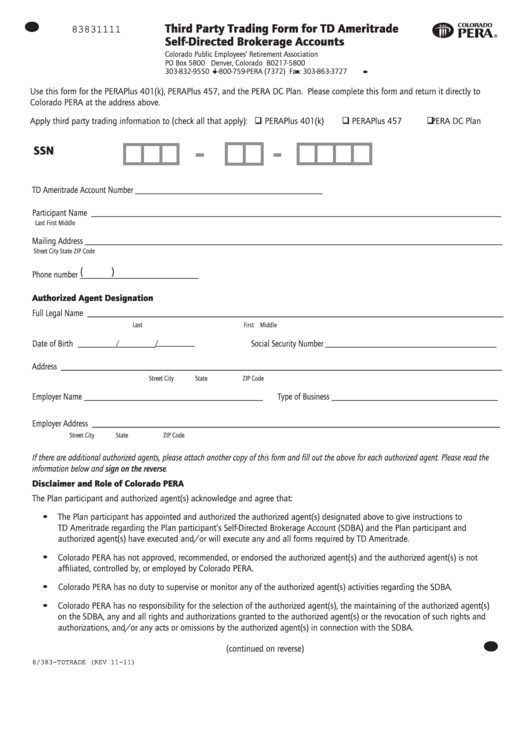 Third Party Trading Form For Td Ameritrade Self-Directed Brokerage Accounts Printable pdf