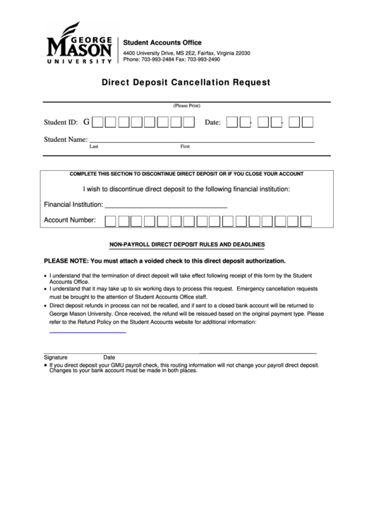 Direct Deposit Cancellation Request - Student Accounts Office Printable pdf