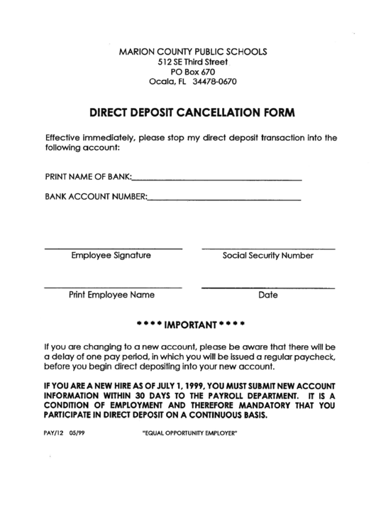 Direct Deposit Cancellation Form Printable pdf
