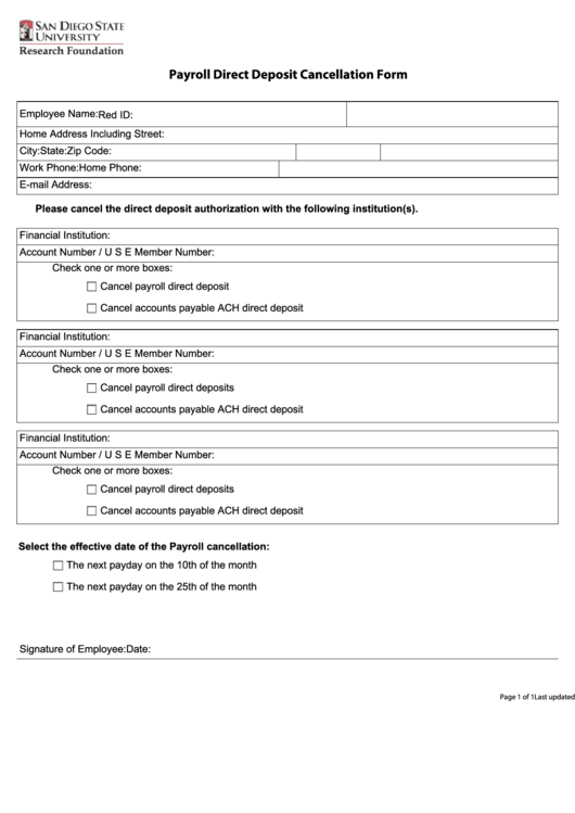 Fillable Payroll Direct Deposit Cancellation Form Printable pdf
