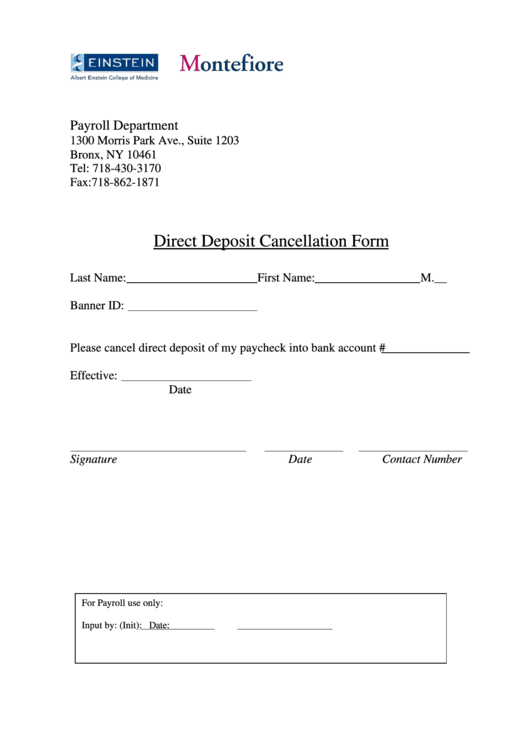 Direct Deposit Cancellation Form - Albert Einstein College Of Medicine Printable pdf