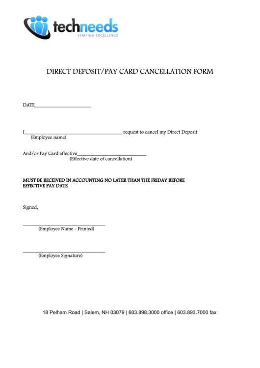 Direct Depositpay Card Cancellation Form Printable Pdf Download 2337