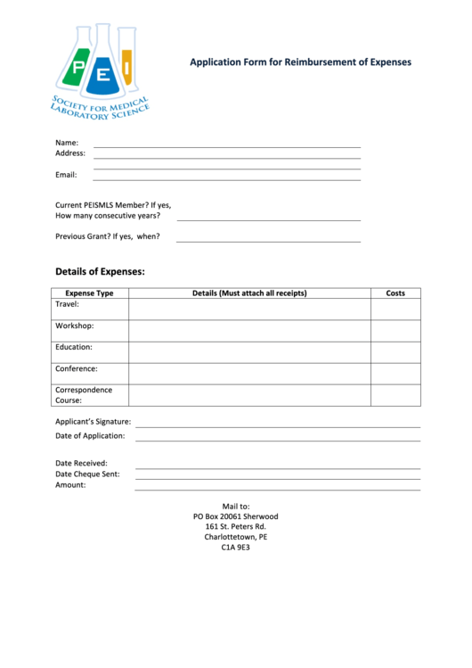 Application Form For Reimbursement Of Expenses Printable pdf