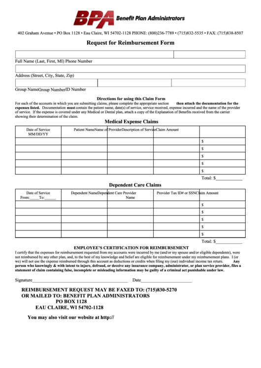 Fillable Request For Reimbursement Form Printable pdf