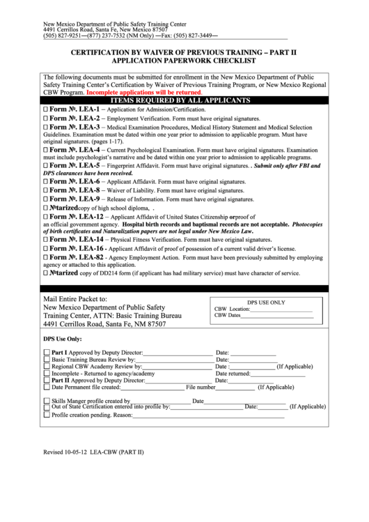 Fillable Form Lea-Cbw - Certification By Waiver Of Previous Training - Part Ii Application Paperwork Checklist Printable pdf