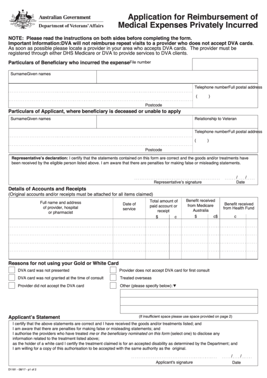 Form D1181 - Application For Reimbursement Of Medical Expenses Privately Incurred - Australian Department Of Veterans' Affairs