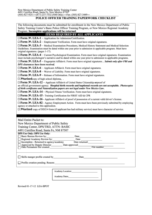 Fillable Form Lea-Bpot - Police Officer Training Paperwork Checklist Printable pdf