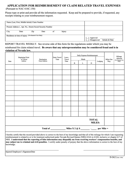 Form D-26(2) - Application For Reimbursement Of Claim Related Travel Expenses Printable pdf