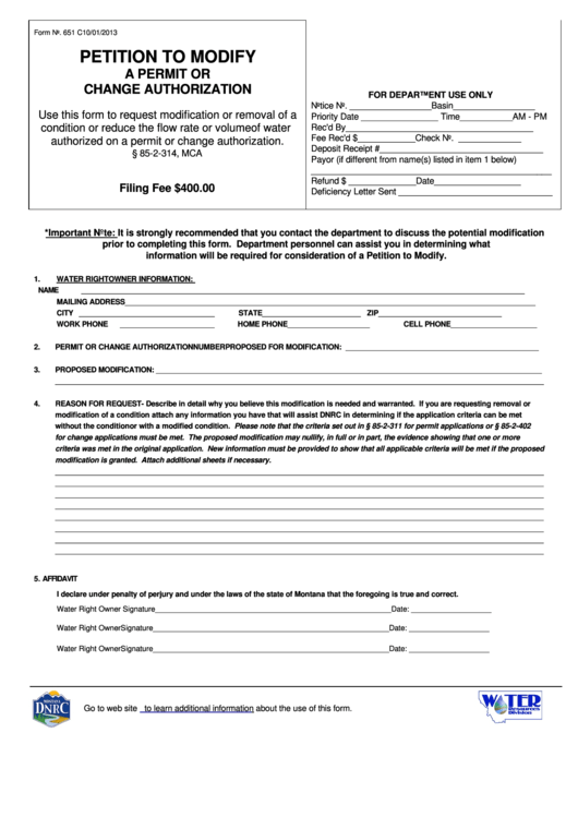 Fillable Form 651 C - Petition To Modify A Permit Or Change Authorization Printable pdf