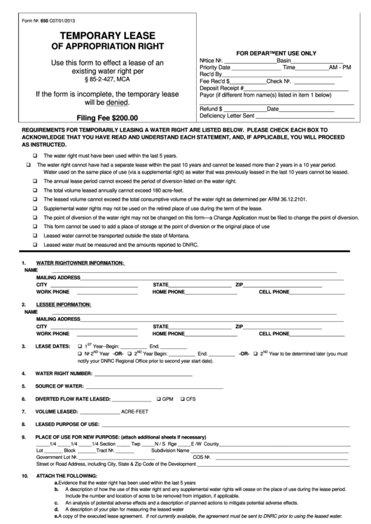 Fillable Form 650 C - Temporary Lease Of Appropriation Right Printable pdf