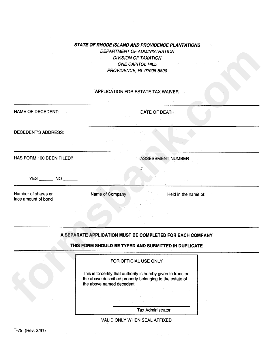 Form T-79 - Application For Estate Tax Waiver