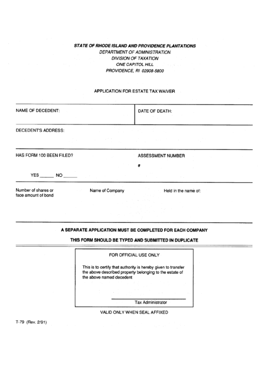 Fillable Form T-79 - Application For Estate Tax Waiver Printable pdf