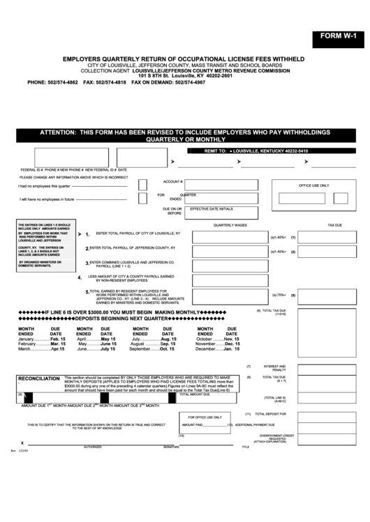 Form W-1 - Employers Quarterly Return Of Occupational License Fees Withheld Printable pdf