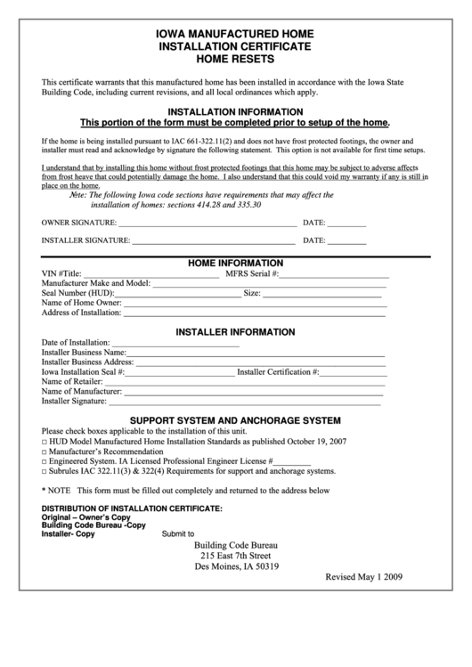 Iowa Manufactured Home Installation Certificate Home Resets Printable pdf