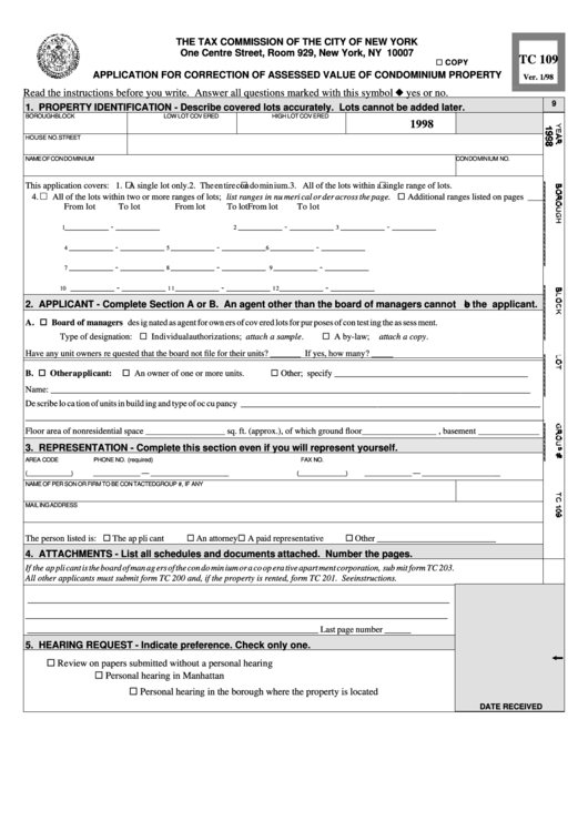 Fillable Form Tc 109 - Application For Correction Of Assessed Value Of Condominium Property Printable pdf