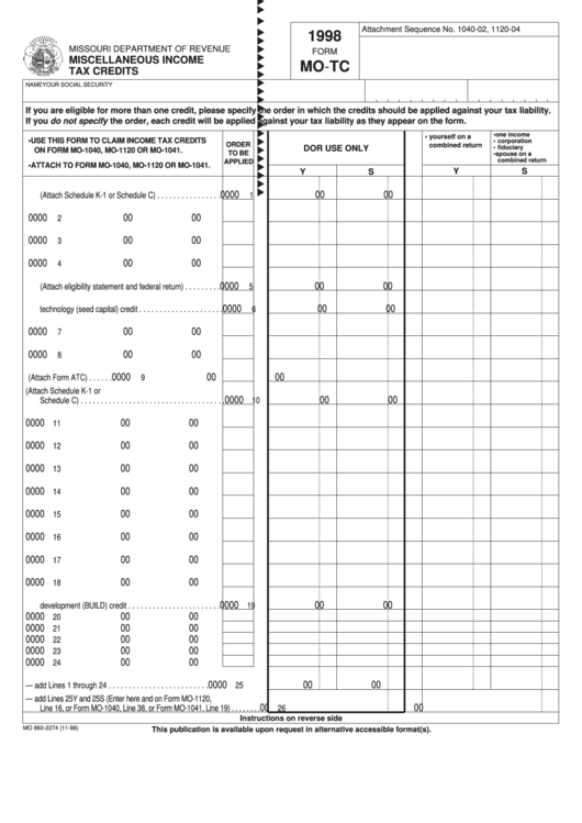 Fillable Form Mo-Tc - Miscellaneous Income Tax Credits - 1998 Printable pdf