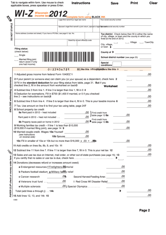 Fillable Form Wi-Z - Wisconsin Income Tax - 2012 Printable pdf