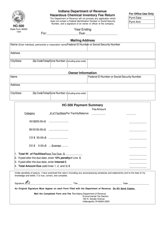 Form Hc-500 - Hazardous Chemical Inventory Fee Return Printable pdf