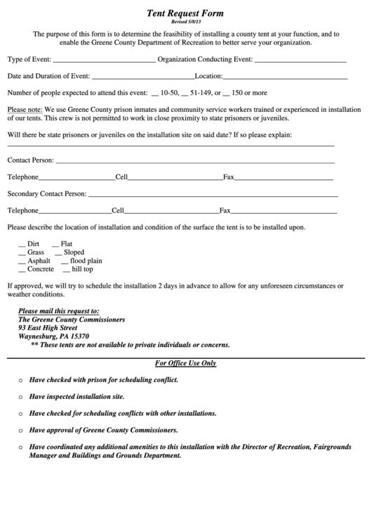 Tent Request Form - Greene County Department Of Recreation Printable pdf