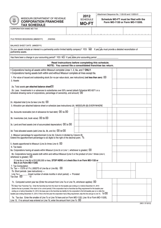 Fillable Schedule Mo-Ft - Corporation Franchise Tax Schedule - 2012 Printable pdf