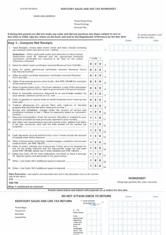 Form 51a102 - Kentucky Sales And Use Tax Worksheet Printable pdf
