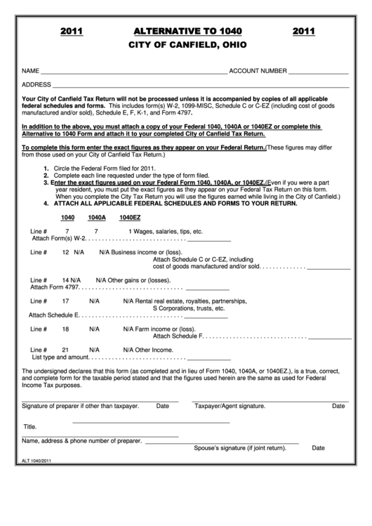Form Alt - Alternative T0 1040 - City Of Canfield - 2011 Printable pdf