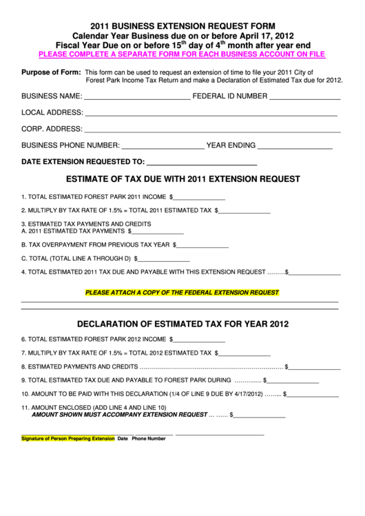 Business Extension Request Form - 2011 Printable pdf
