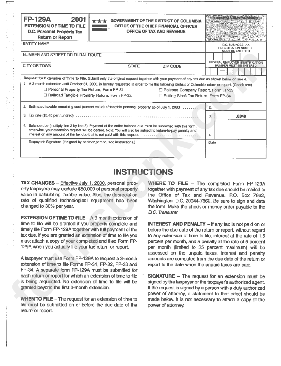Form Fp-129a - Extension Of Time To File D.c. Resonal Property Tax Return Or Report - 2011