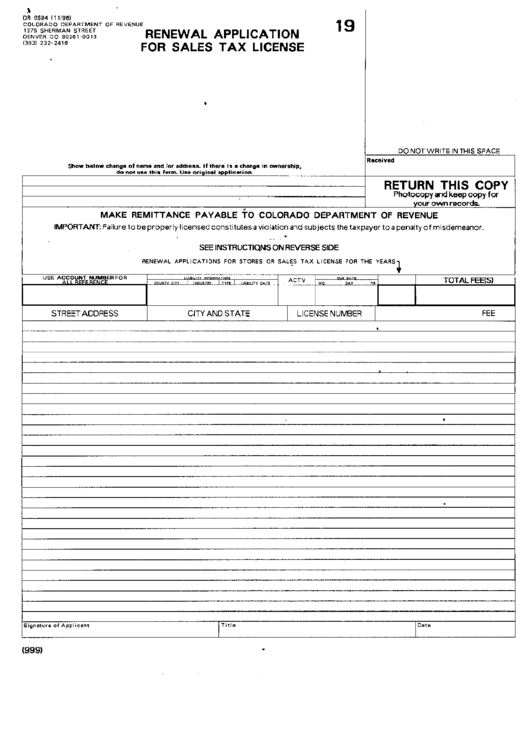 Fillable Form Dr0594 - Renewal Application For Sales Tax License Printable pdf