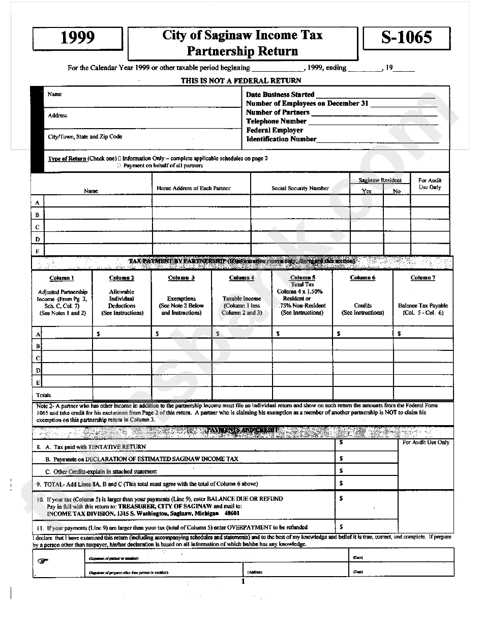 Form S-1065 - City Of Saginaw Income Tax Partnership Return - 1999