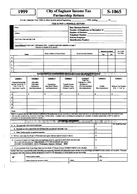 Form S-1065 - City Of Saginaw Income Tax Partnership Return - 1999 Printable pdf