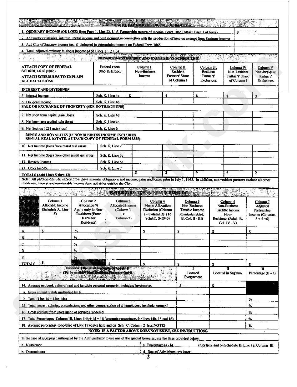 Form S-1065 - City Of Saginaw Income Tax Partnership Return - 1999