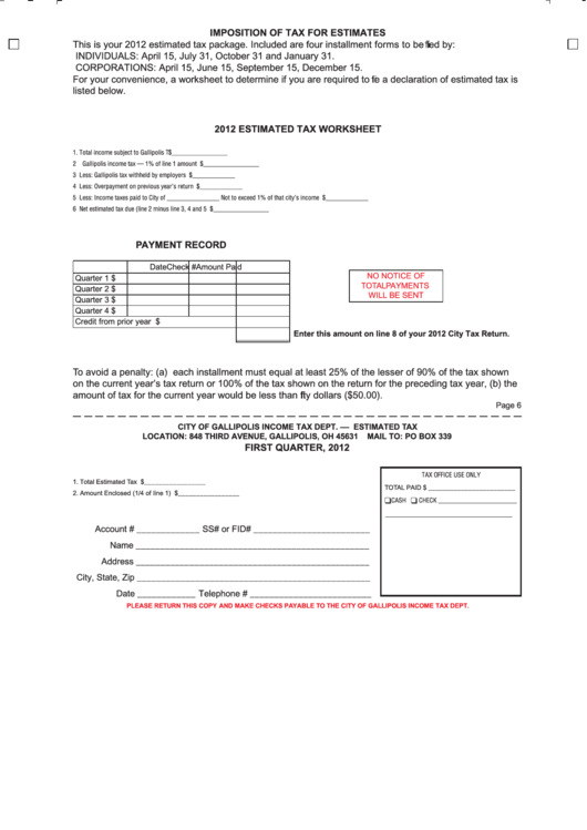 2012 Estimated Tax Worksheet - City Of Gallipolis Printable pdf