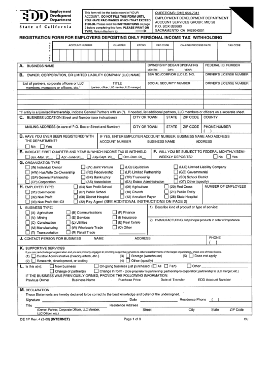 Form De 1p - Registration Form For Employers Depositing Only Personal Income Tax Withholding Printable pdf